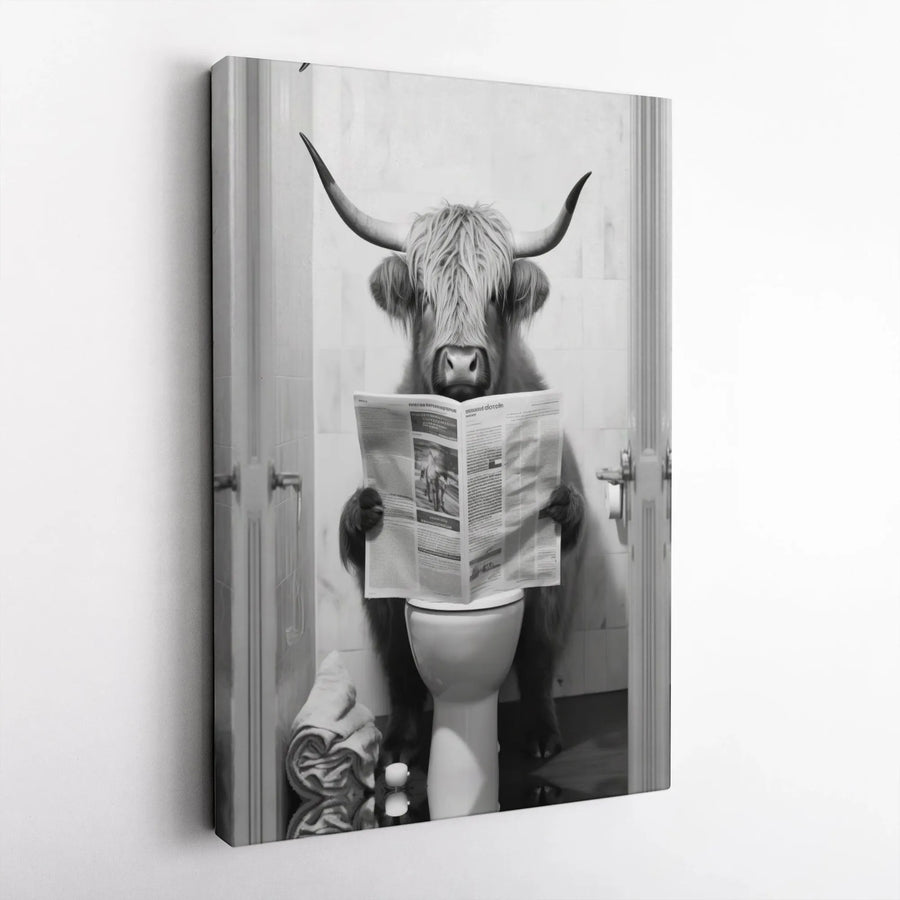 Highland Cow Bathroom Wall Art | Funny Toilet Newspaper Reading Canvas Print | Premium Gallery Wrap Decor | Quirky Farmhouse Home Gift