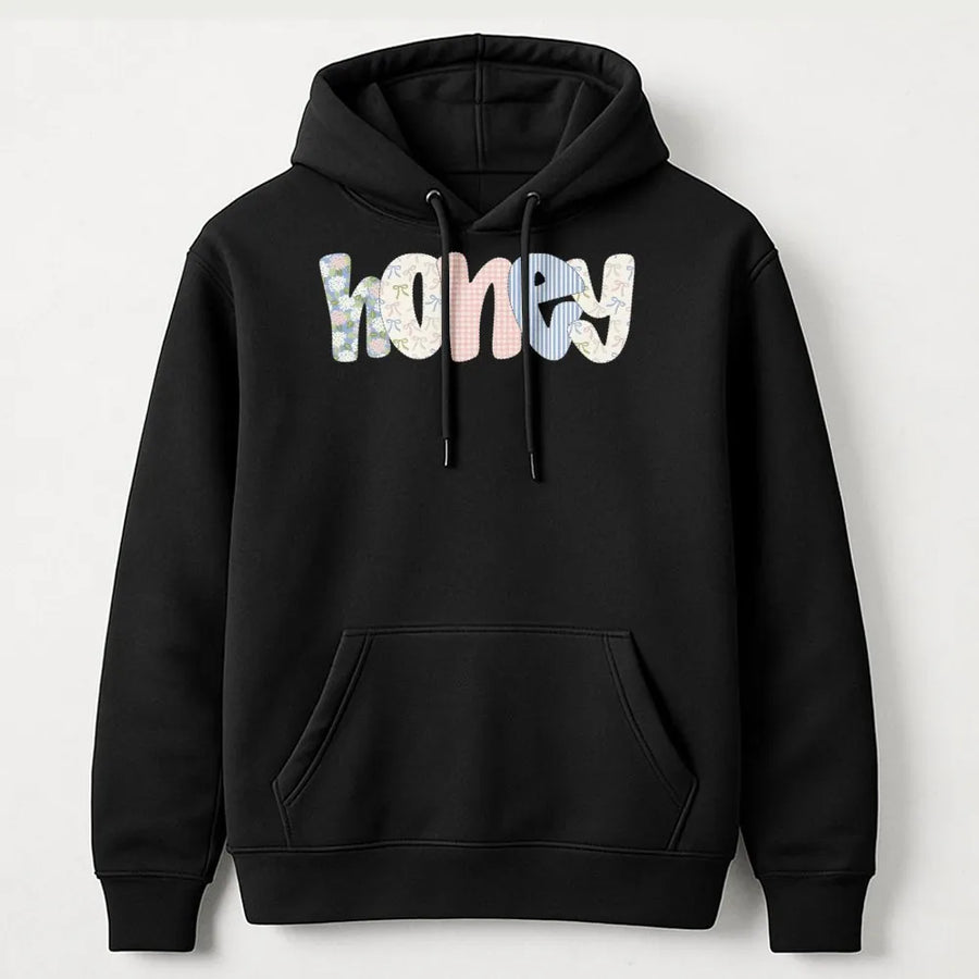 Coquette Honey Hoodie | Preppy Floral Bow Patchwork Graphic | Soft Cotton Blend | Aesthetic Spring Gift for Her