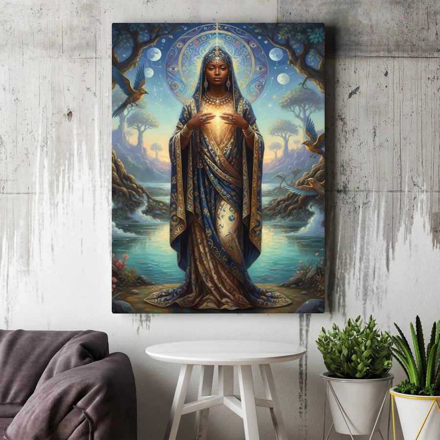 Divine Black Goddess Canvas Wall Art | Celestial Mandala Spiritual Portrait | Premium 1.25 Inch Thick Gallery Wrap | Aesthetic Home Decor Gift