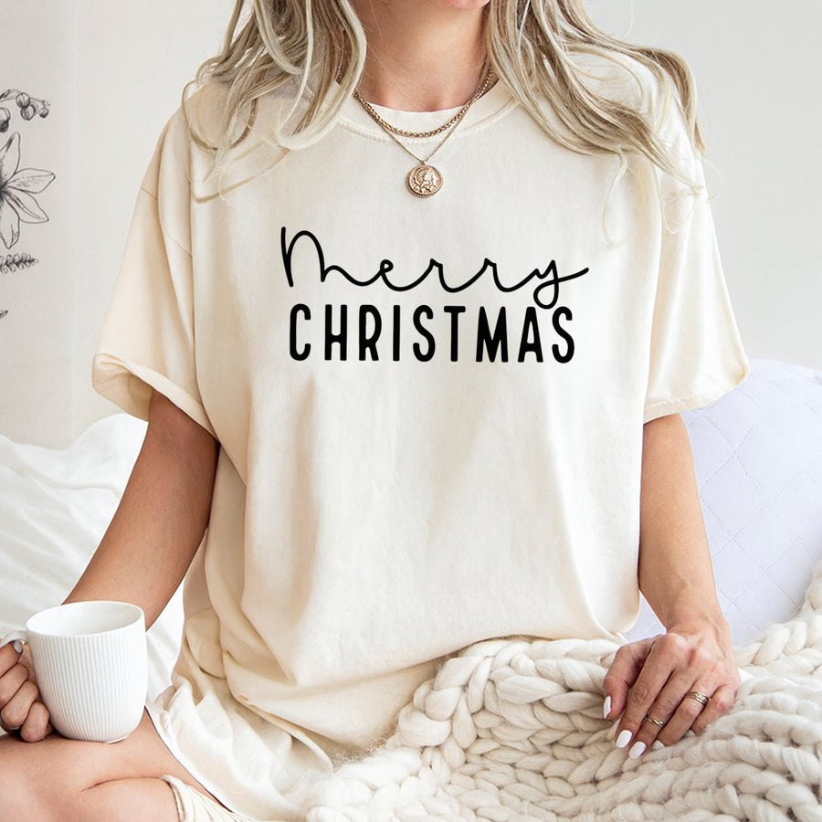 Merry Christmas T-Shirt | Minimalist Typographic Holiday Script | 100% Cotton Premium Tee | Festive Gift For Women Men Unisex Holiday Apparel