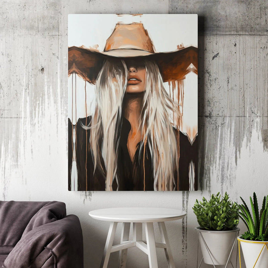 Cowgirl Canvas Wall Art | Abstract Blonde Woman In Cowboy Hat | Premium 1.25" Thick Gallery Wrap | Western Home Decor For Modern Living Room