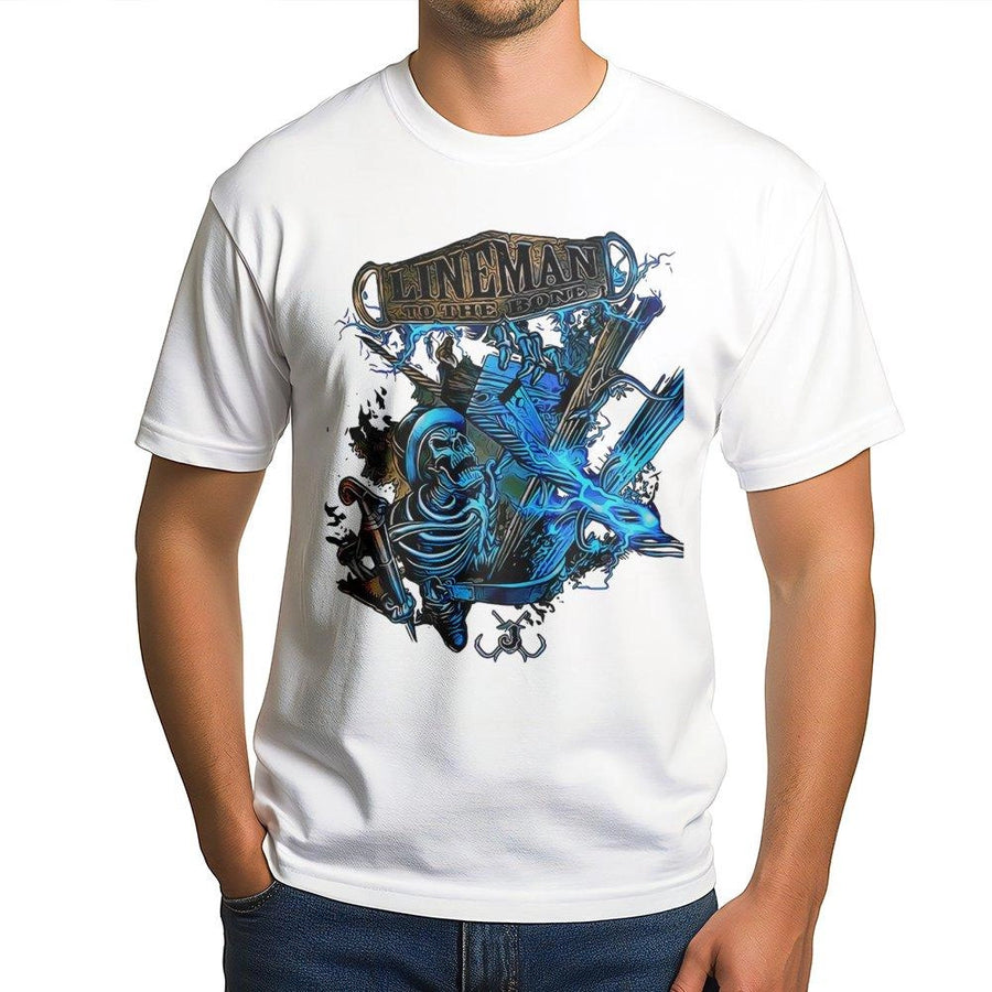 Lineman Graphic T-Shirt | To The Bone Skeleton Electrician Design | Premium Cotton Workwear | Essential Gift for Utility Power Line Workers