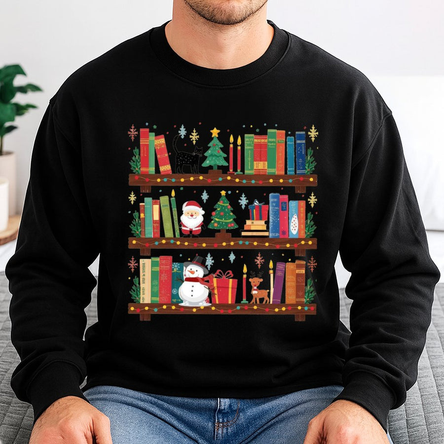 Christmas Bookshelf Sweatshirt | Festive Holiday Library Design | Premium Cotton Blend | Cozy Gift for Readers and Librarians