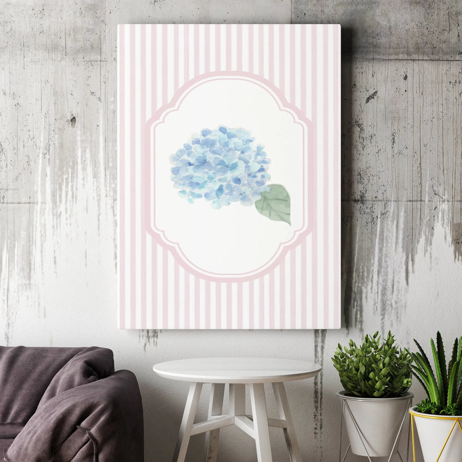 Watercolor Hydrangea Canvas Wall Art | Pink Stripes & Blue Floral Print | Premium 1.25" Thick Gallery Canvas | Gift for Her & Cottagecore Home Decor