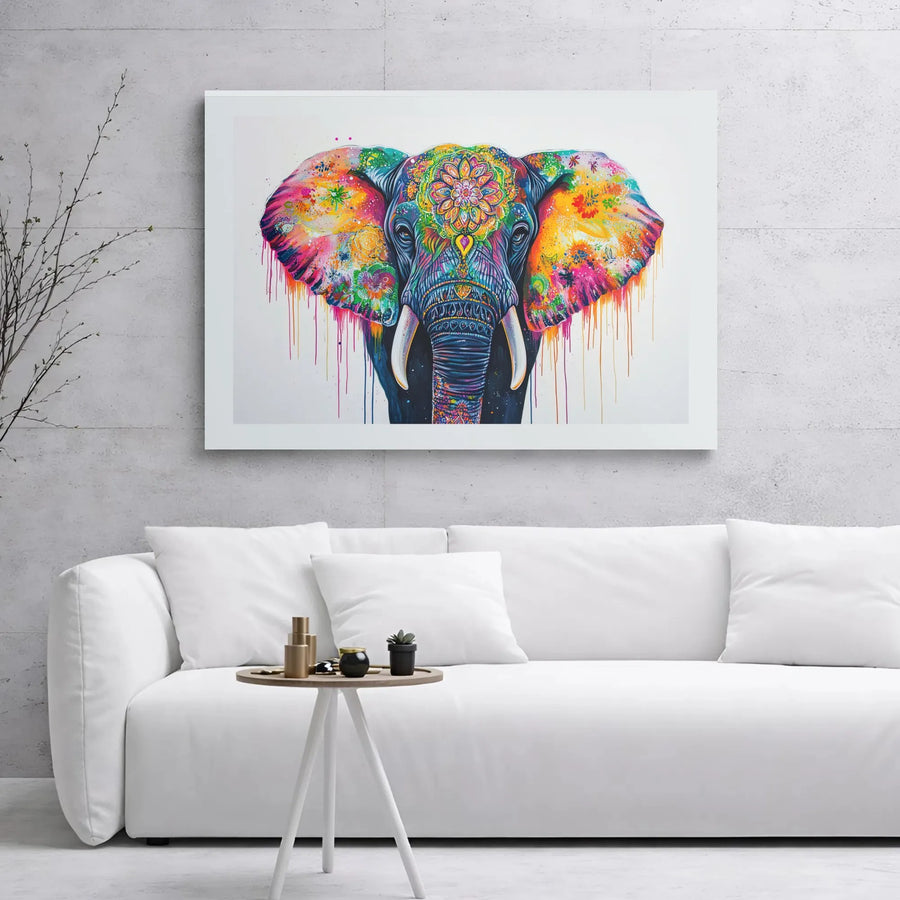 Colorful Elephant Wall Art | Mandala Splatter Paint Canvas | Gallery Wrapped Premium Decor | Vibrant Animal Print for Home Office Gift