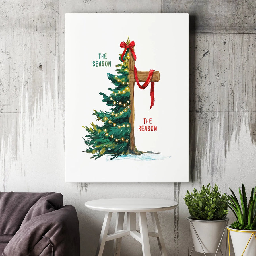 The Season The Reason Canvas Wall Art | Christian Christmas Cross and Tree Decor | Premium Fade-Resistant Print | Religious Holiday Gift for Home