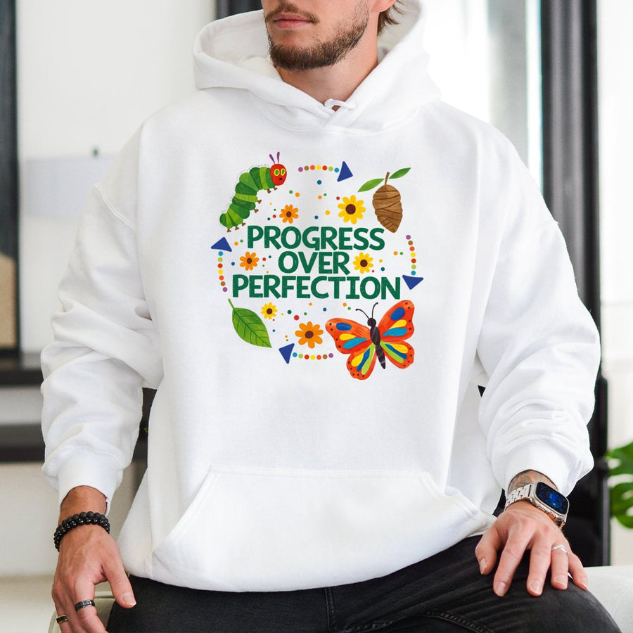 Progress Over Perfection Hoodie | Inspirational Teacher Growth Quote | Soft Cotton Blend Sweatshirt | Cute Classroom Gift For Educators