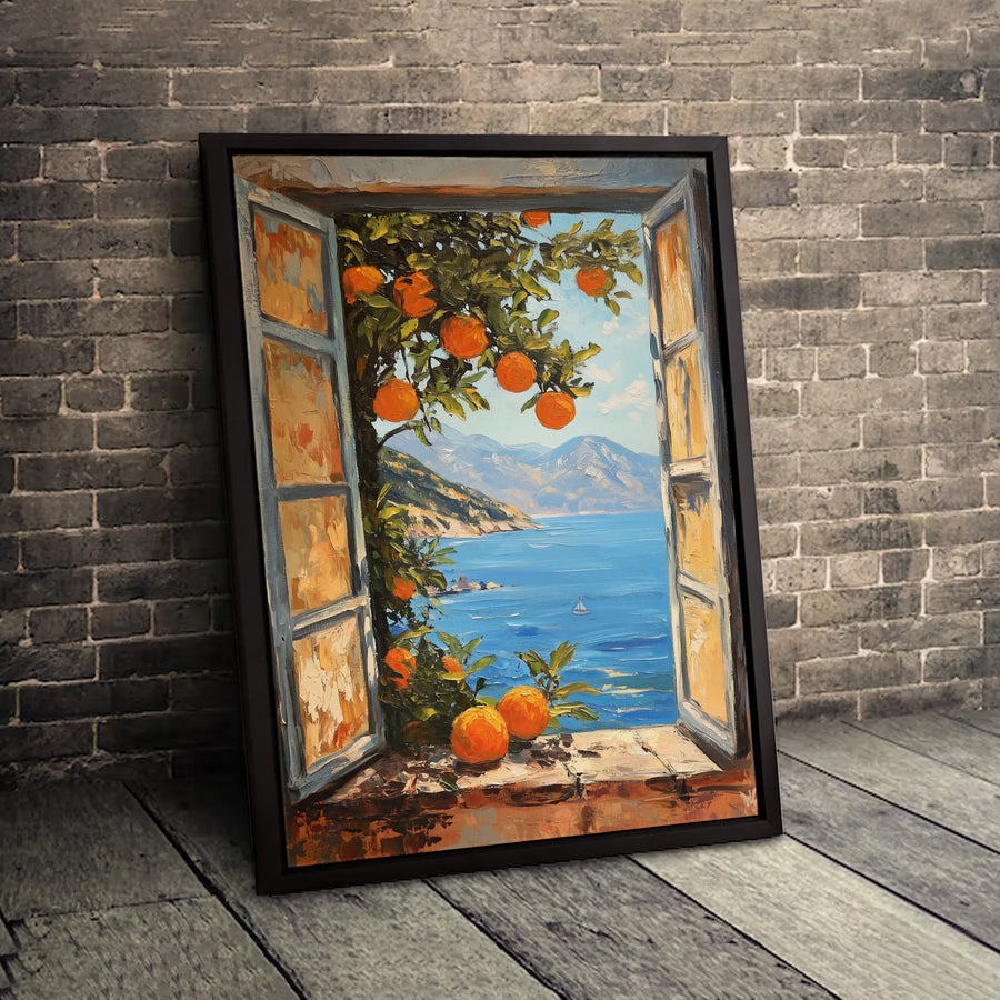Mediterranean Coastal Canvas Art | Italian Orange Tree Window View | Gallery-Wrapped Premium Print | Scenic Wall Decor for Living Room