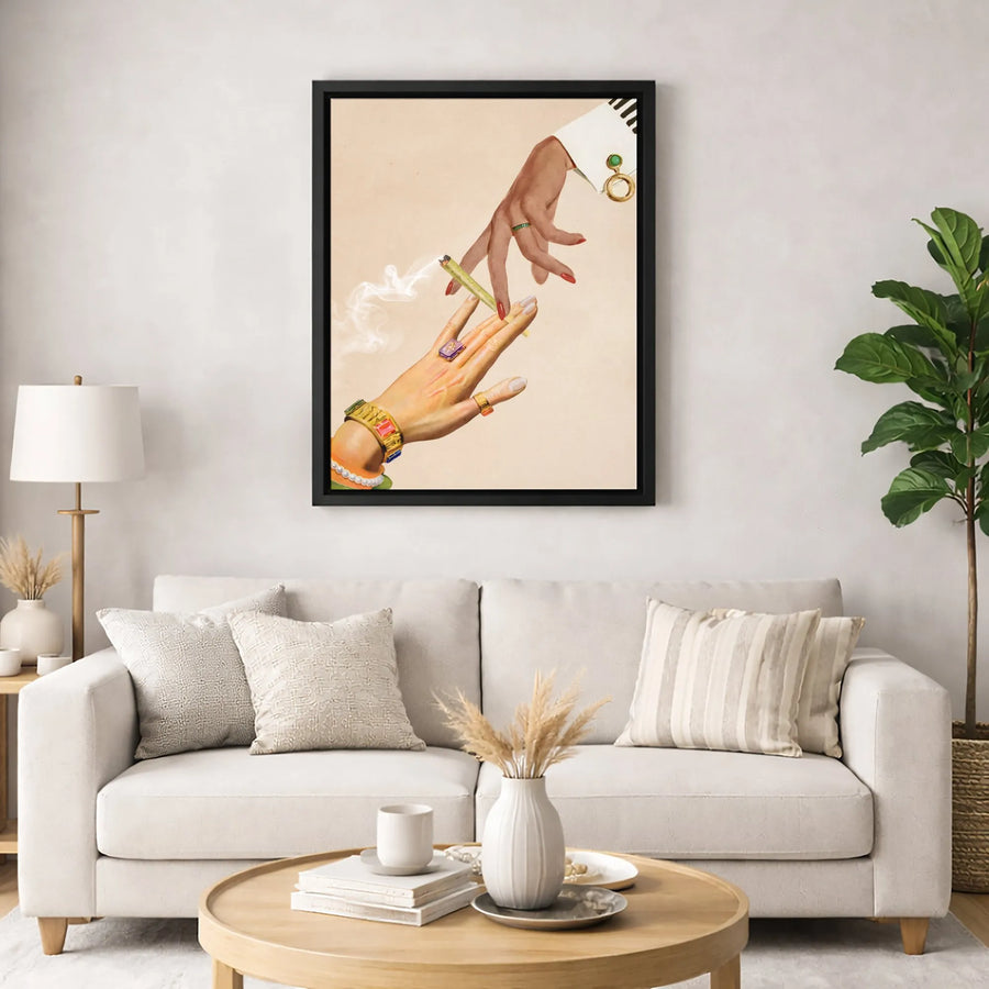 Surreal Hands Passing Joint Canvas Art | Vintage Collage Aesthetic | 1.25" Premium Gallery Wrap | Trendy Home Office Wall Decor Gift
