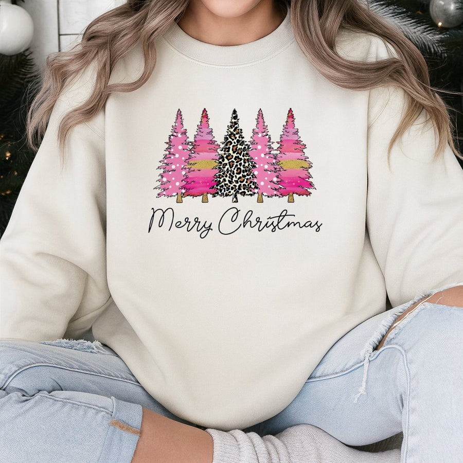Merry Christmas Sweatshirt | Pink Leopard Print Tree Graphic | Premium Cotton Blend Crewneck | Holiday Gift For Women And Families