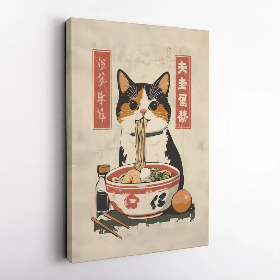 Calico Cat Eating Ramen Canvas Wall Art | Japanese Ukiyo-E Inspired Print | 1.25" Premium Gallery Wrap | Kawaii Kitchen Decor Gift for Cat Lovers