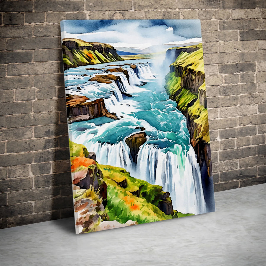 Gullfoss Waterfall Canvas Print | Icelandic Landscape Watercolor Art | Premium Fade-Resistant Wall Decor | Nature Lover Gift for Home Office