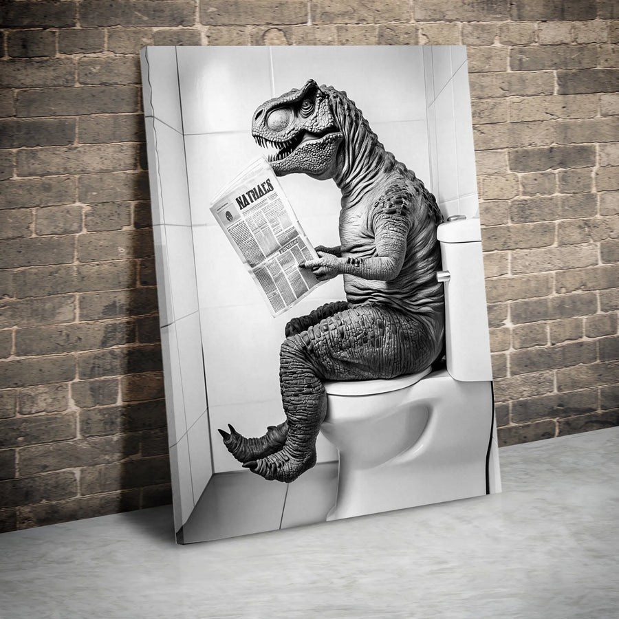 Funny T-Rex Toilet Poster | Dinosaur Reading Newspaper Wall Art | Premium Gallery Wrapped Canvas | Bathroom Decor Gift for Dino Lovers