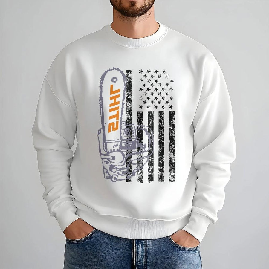 Chainsaw Flag Sweatshirt | Patriotic Forestry Graphic | Premium Cotton Blend | Gift for Lumberjack, Tree Surgeon, and Outdoor Enthusiast