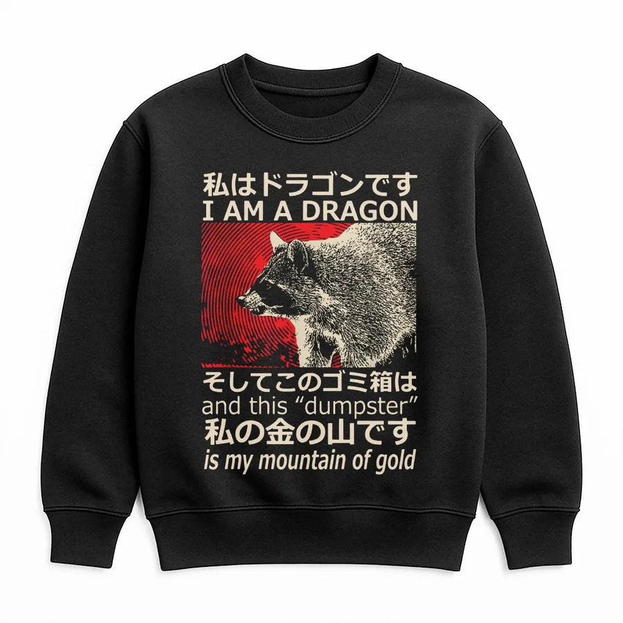 I Am A Dragon Raccoon Sweatshirt | Japanese Text Aesthetic Meme | Premium Cotton Blend | Funny Graphic Gift For Wildlife Lovers