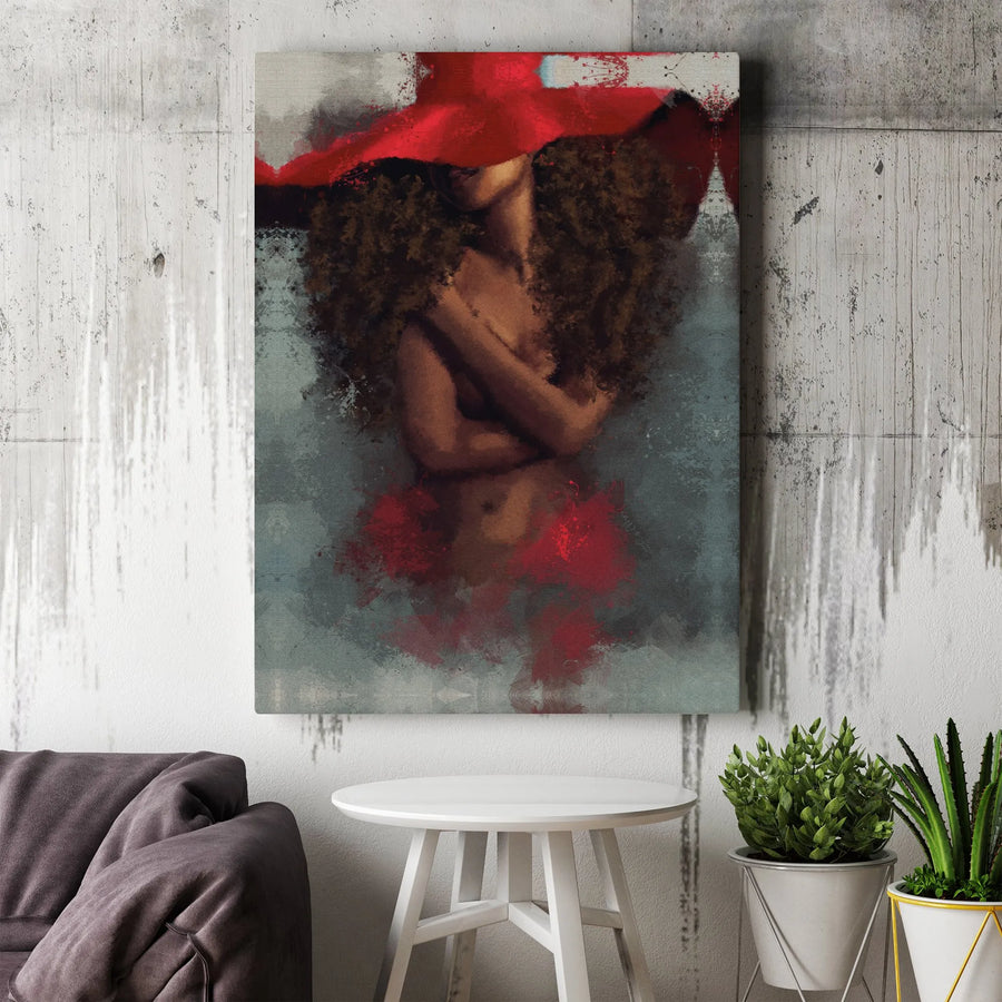 Abstract Black Woman Canvas Art | Elegant Curly Hair In Red Hat Portrait | Premium Fade-Resistant Print | Sophisticated Home Decor Gift