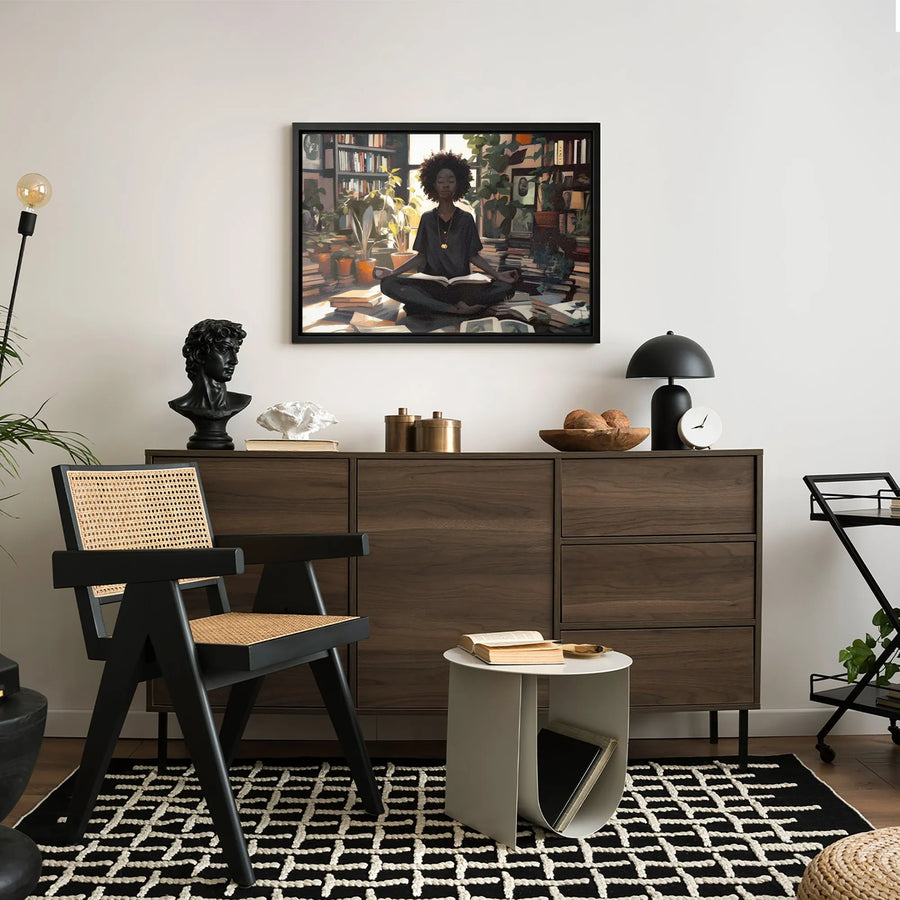 Meditating Black Woman Canvas | Boho Library Botanical Wall Art | Premium Gallery Wrapped Print | Zen Home Office Decor Gift