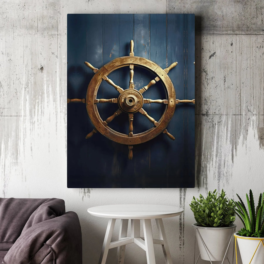 Nautical Ship Wheel Canvas Wall Art | Rustic Wooden Steering Helm Decor | Premium Gallery Wrap Print | Coastal Home Office Gift