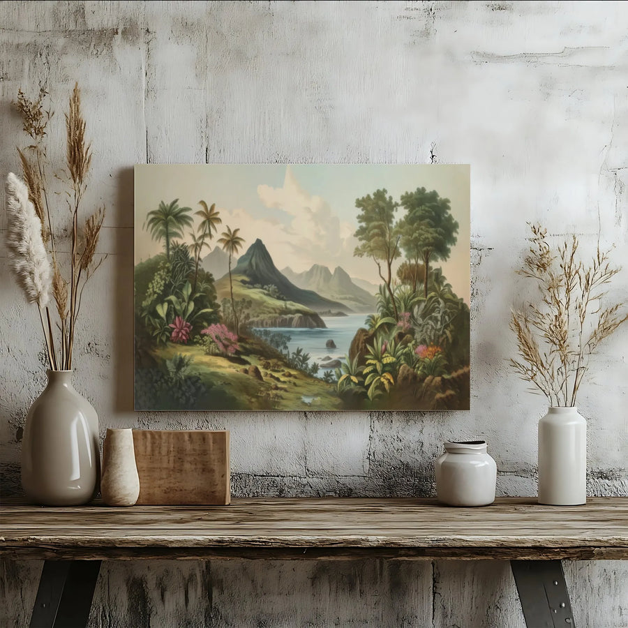 Tropical Island Landscape Canvas Print | Vintage Botanical Mountain View | Premium 1.25 Inch Gallery Wrap | Island Home Office Wall Decor