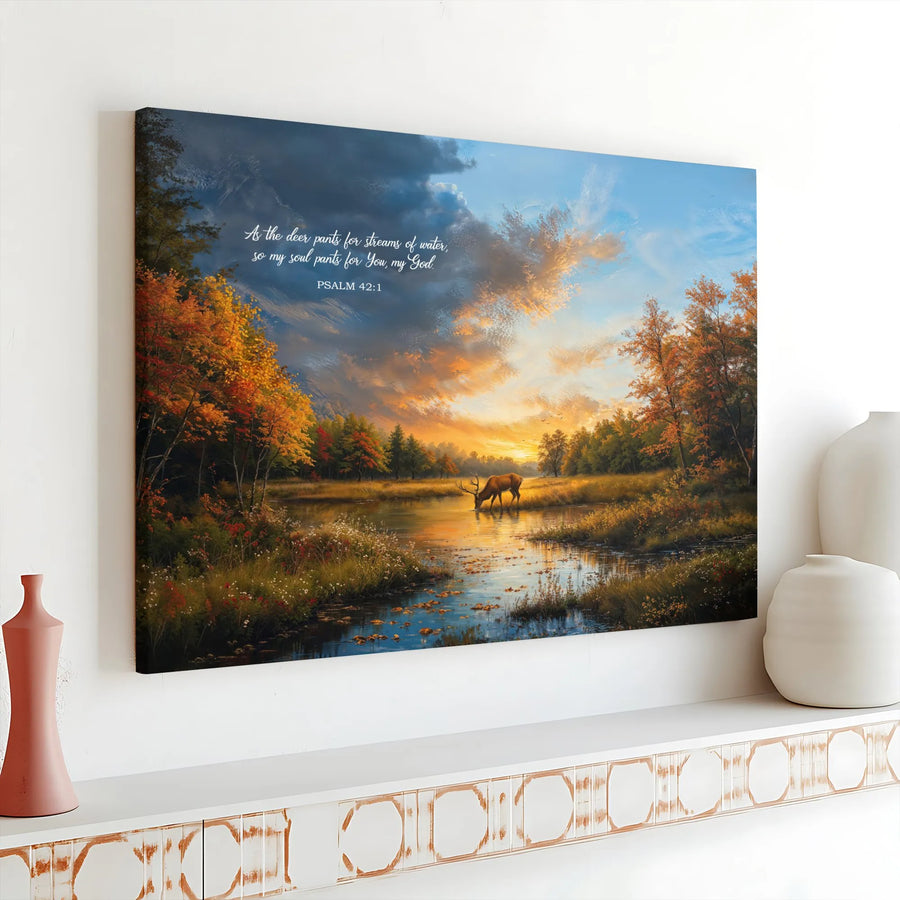 Psalm 42:1 Canvas Wall Art | Deer in Autumn Forest Landscape | Premium Gallery Wrapped Canvas | Inspirational Christian Home Decor Gift