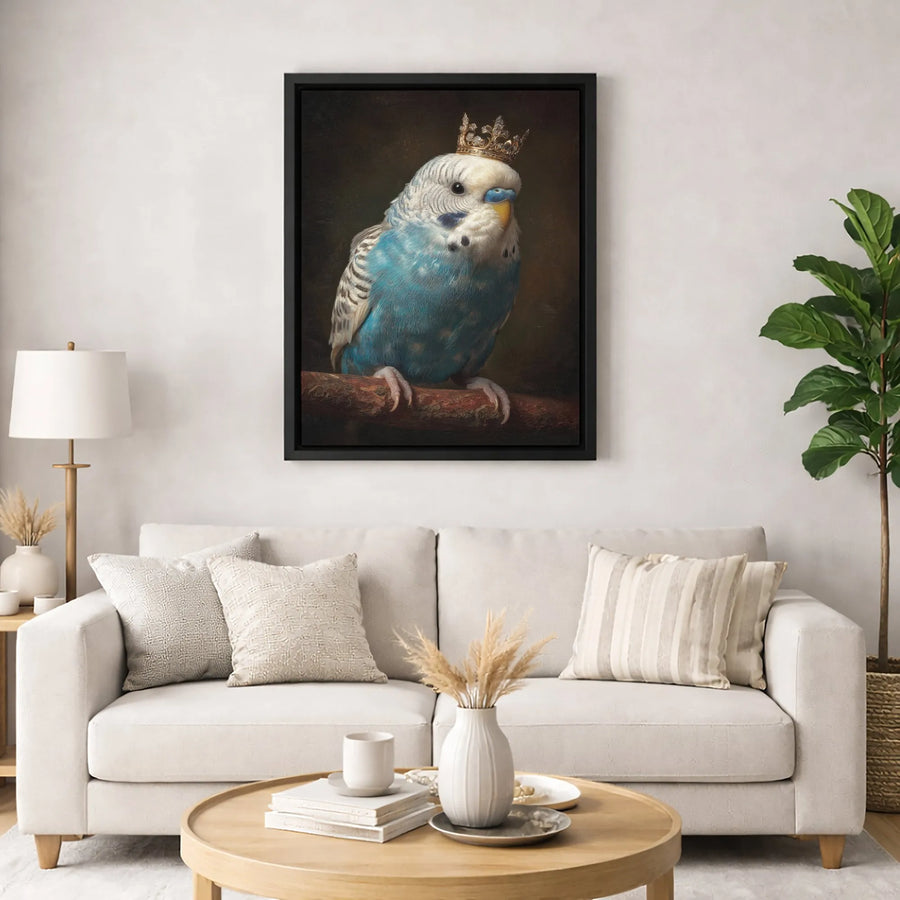 Royal Budgerigar Canvas Print | Blue Parakeet Wearing Gold Crown | Premium Gallery-Wrapped Wall Art | Bird Lover Gift Home Decor
