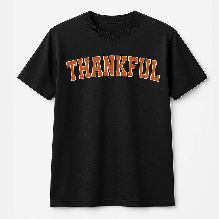 Thankful T-Shirt | Varsity College Font Graphic Tee | Premium 100% Cotton Shirt | Cute Fall Thanksgiving Gift for Women and Men