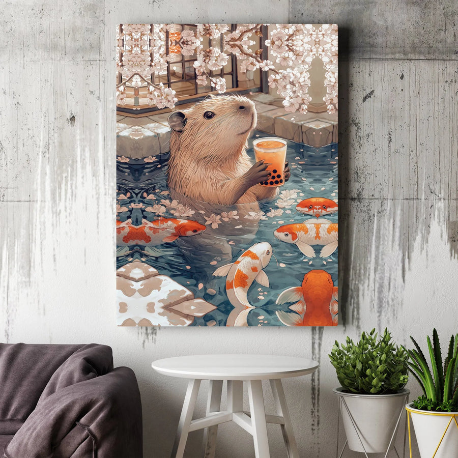 Capybara Wall Art Canvas | Koi Fish & Cherry Blossom Aesthetic | Premium Fade-Resistant Print | Cute Animal Decor Gift for Home or Office