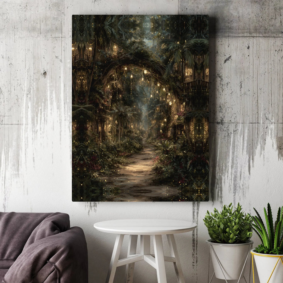 Enchanted Forest Canvas Wall Art | Whimsical Fairy Tale Path with Glowing Lanterns | Premium Gallery Wrapped | Magical Home Decor Gift for Her