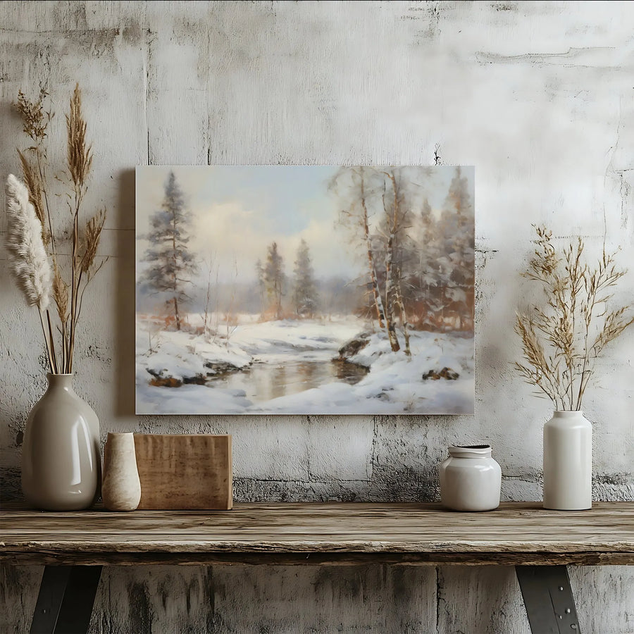 Winter Forest Canvas Print | Serene Snowy Creek Landscape | Gallery Wrapped Premium Wall Art | Peaceful Nature Decor for Home and Office