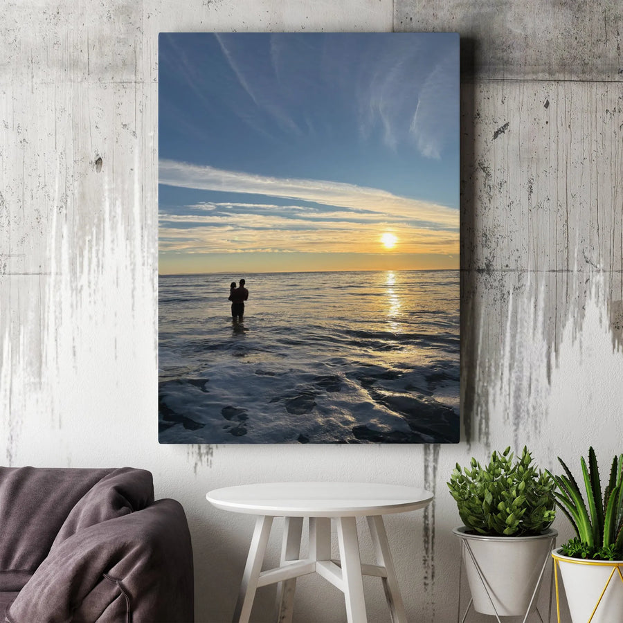 Father and Child Sunset Canvas Wall Art | Ocean Horizon Silhouette Photography | Premium Gallery Wrap | Gift for Dad | Father's Day Home Decor