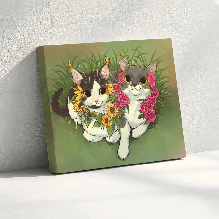 Cute Cat Canvas Wall Art | Kawaii Kittens with Sunflowers and Roses | Premium Gallery Wrapped Print | Gift for Cat Mom, Nursery Decor