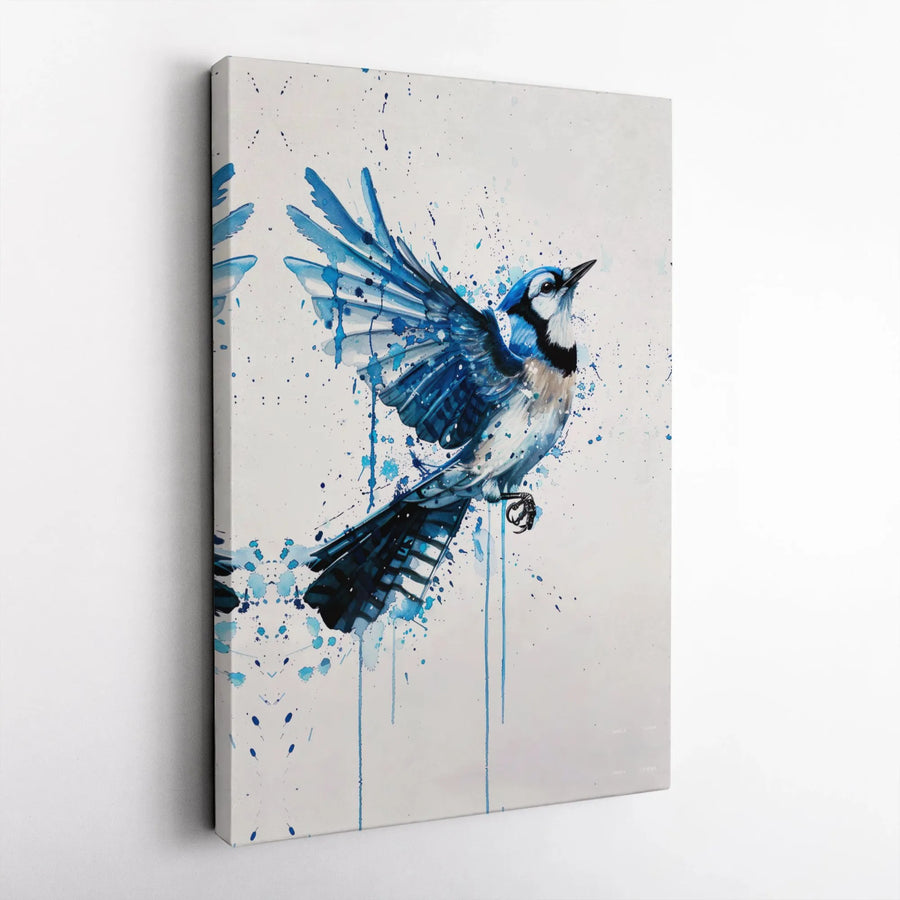 Blue Jay Wall Art Canvas | Watercolor Splash Bird Print | Premium 1.25-Inch Gallery Wrap | Nature Lover Home Office Decor Gift