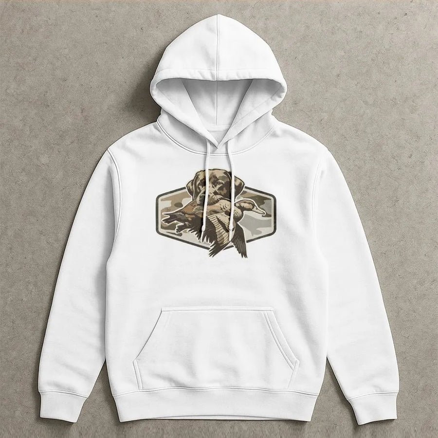 Labrador Retriever Duck Hunting Hoodie | Vintage Camo Waterfowl Graphic | Premium Cotton Blend | Gift for Outdoorsman and Dog Lover