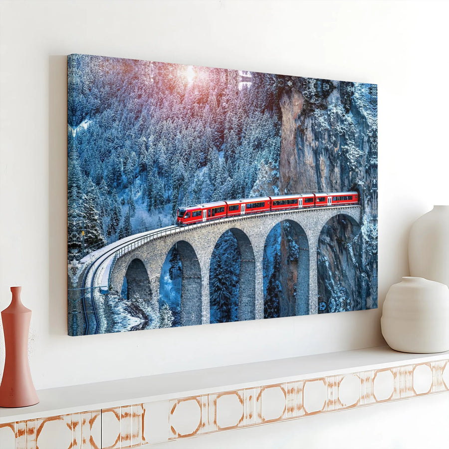 Swiss Alps Train Canvas Wall Art | Red Train Landwasser Viaduct Scenic Print | 1.25" Gallery Wrap Premium Decor | Mountain Landscape Gift for Travel Lovers