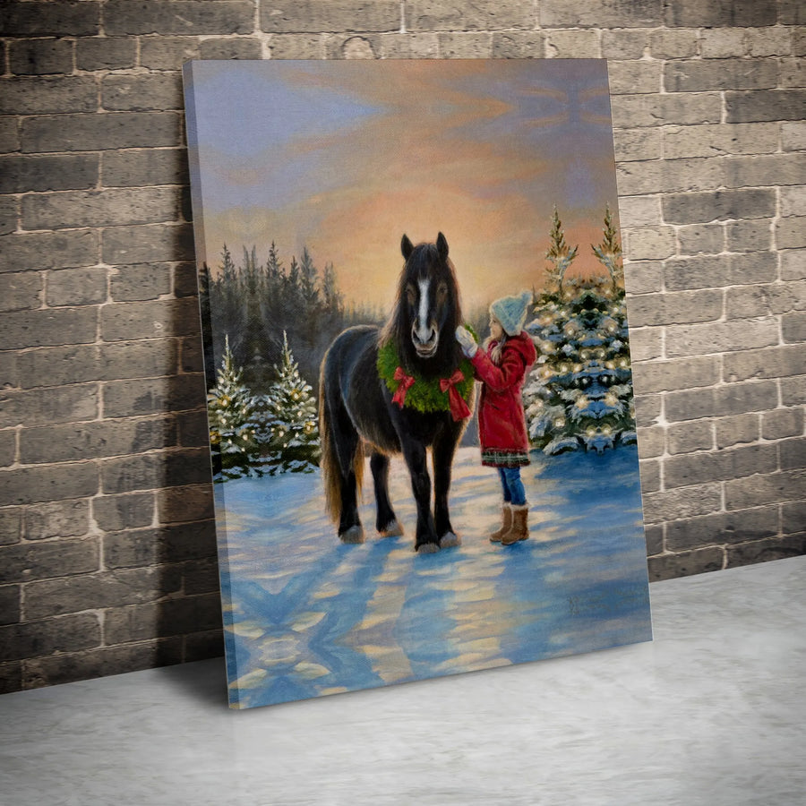 Christmas Horse Canvas Wall Art | Girl With Horse In Winter Snow Decor | Premium Fade-Resistant Print | Holiday Farmhouse Wall Decor Gift