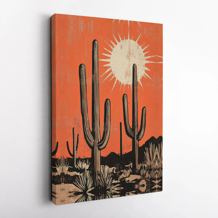 Desert Saguaro Cactus Canvas Art | Rustic Mid-Century Modern Sun Print | 1.25 Inch Gallery Wrap | Southwestern Home Decor Gift