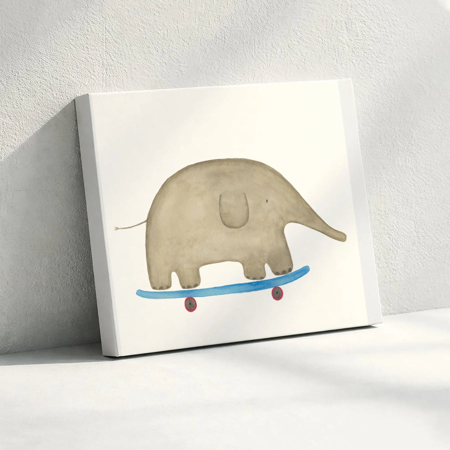 Skateboarding Elephant Canvas Wall Art | Whimsical Watercolor Animal Print | Premium Gallery Wrapped Canvas | Nursery Decor Gift for Kids Room