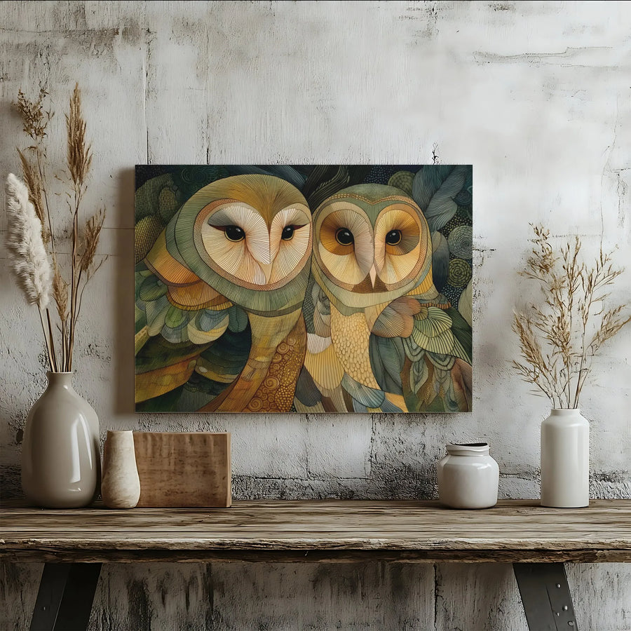 Abstract Owl Art Horizontal Canvas | Geometric Line Barn Owl Wall Decor | Premium Fade-Resistant Gallery Wrap | Modern Living Room Nature Lover Gift
