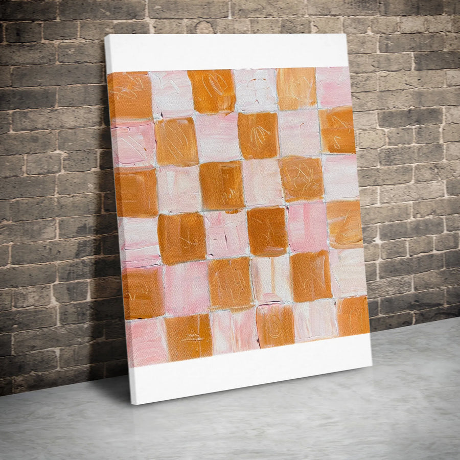 Abstract Checkered Vertical Canvas | Pink and Brown Textured Block Print | Premium Gallery Wrapped Canvas | Modern Minimalist Home Decor Gift