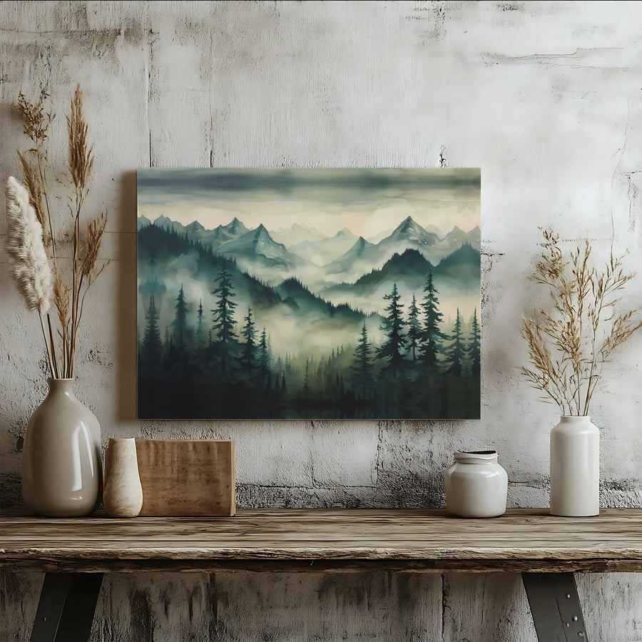 Misty Mountain Forest Canvas Wall Art | Foggy Pine Landscape Print | Gallery-Quality 1.25 Inch Thick Frame | Modern Nature Home Decor