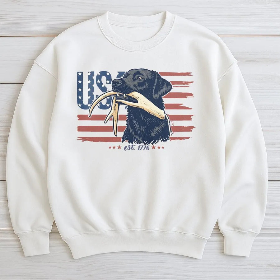 Hunting Dog Sweatshirt | Patriotic Retriever with USA Flag & Antler | Cozy Cotton-Poly Blend | Gift for American Deer Hunter