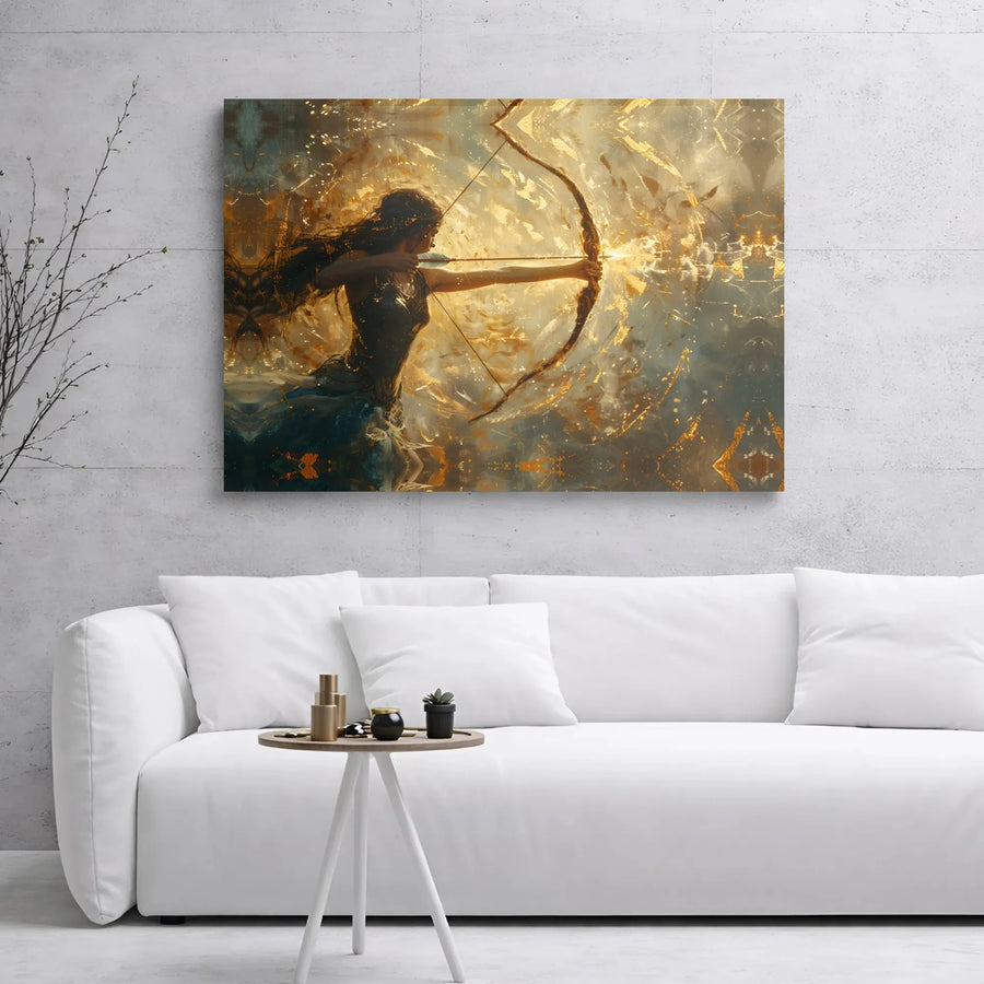 Archer Goddess Canvas Wall Art | Golden Fantasy Warrior Decor | Premium Gallery Wrap Print | Mythical Gift For Her
