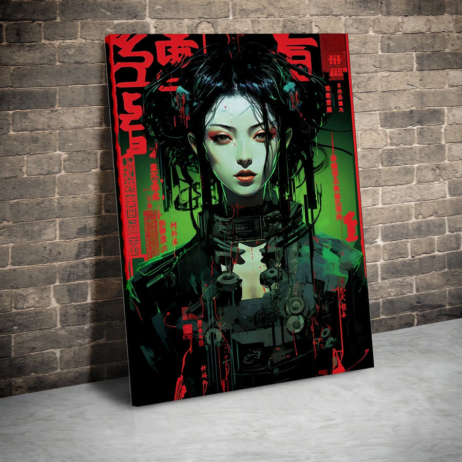Cyberpunk Geisha Wall Art | Futuristic Cyborg Woman Portrait | Premium 1.25-Inch Gallery Wrapped Canvas | Edgy Home & Office Decor Gift