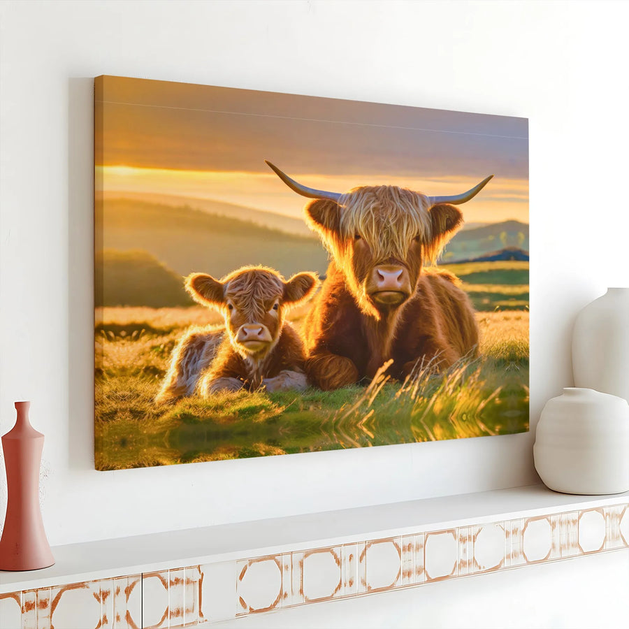 Highland Cow Canvas Print | Mother and Calf Sunrise Landscape | Premium Gallery Wrap Wall Art | Farmhouse Decor for Living Room Gift