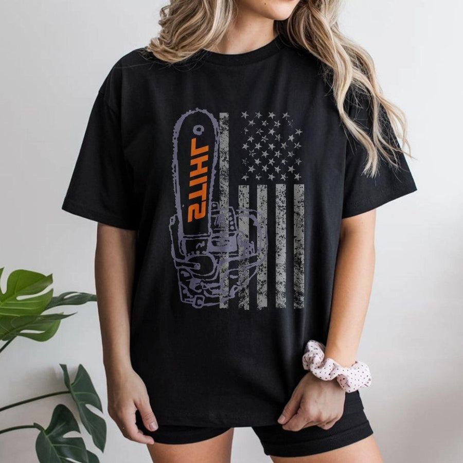 Chainsaw Flag T-Shirt | Patriotic Logger Graphic Tee | Premium 100% Cotton Apparel | Gift for Arborist Mechanic Dad