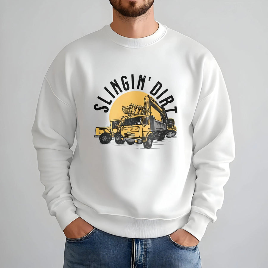 Slingin' Dirt Excavator Sweatshirt | Construction Truck Graphic Tee | Premium Cotton Blend Crewneck | Gift for Heavy Equipment Operator