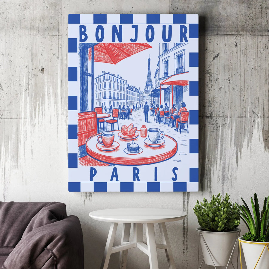 Parisian Cafe Canvas Wall Art | Vintage French Travel Poster Sketch | Premium Stretched Canvas | French Themed Home Decor Gift