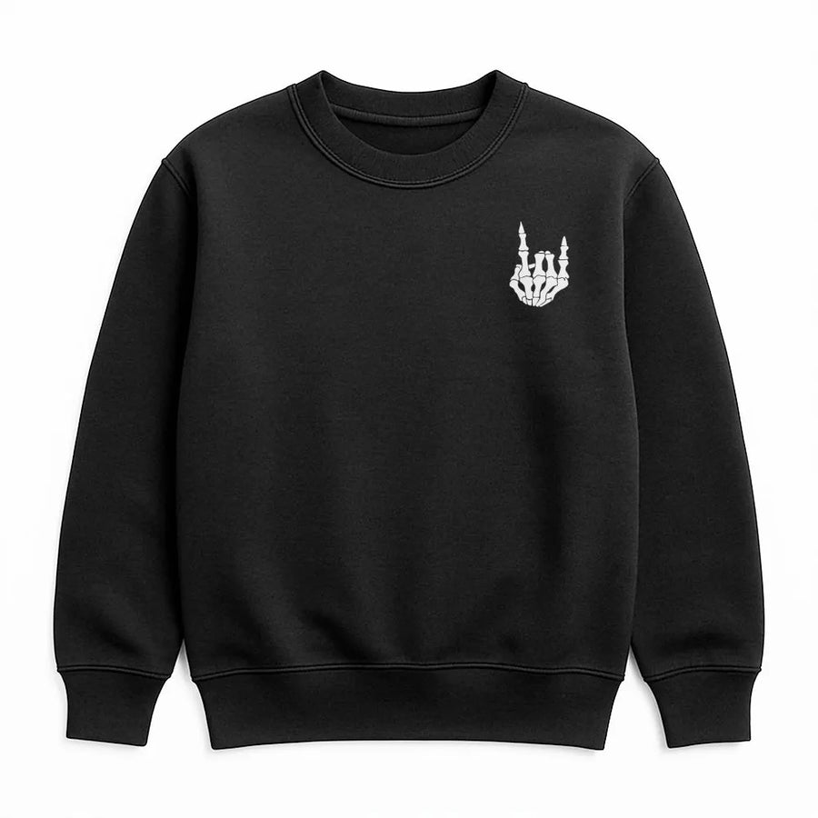 Skeleton Hand Sweatshirt | Minimalist Rock On Chest Graphic | Premium Cotton Blend | Gift for Rock Music Fan