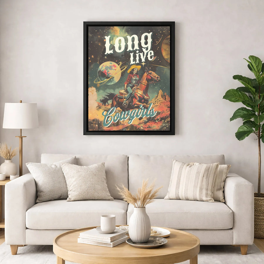 Long Live Cowgirls Wall Art | Retro Space Western Aesthetic Print | Premium Gallery Wrapped Canvas | Western Decor Gift for Cowgirl Lovers