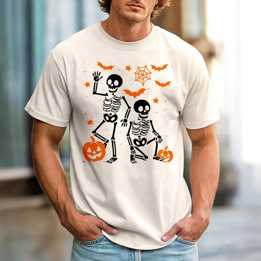 Skeleton Halloween T-Shirt | Funny Spooky Skeletons and Pumpkins Graphic | Premium 100% Cotton Tee | Unisex Gift for Halloween Party Lovers